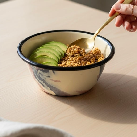Morning breakfast in candy swirl marbling enamel bowl placed