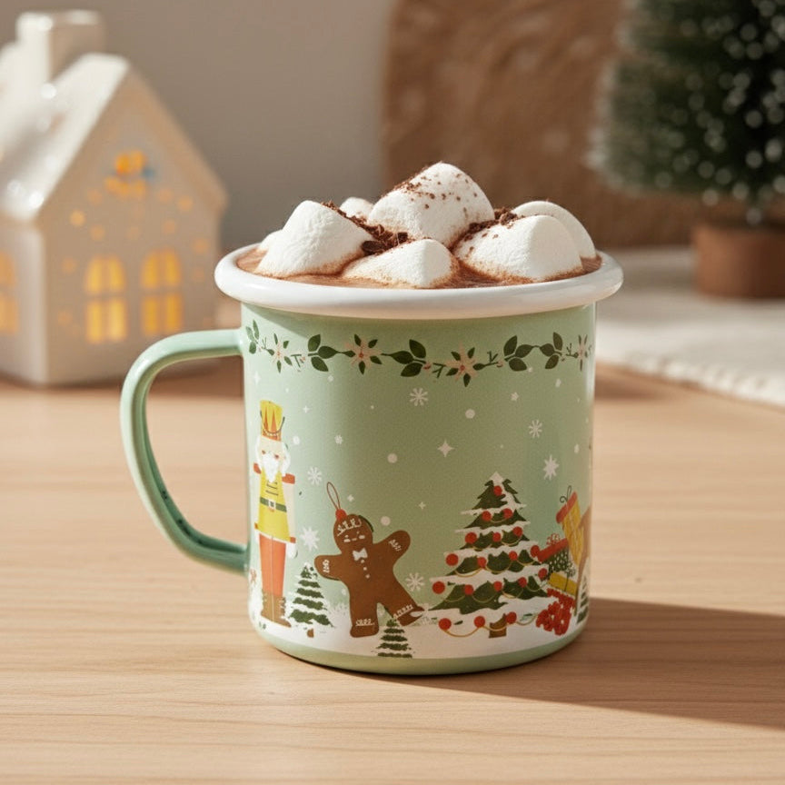Decorative Christmas nutcracker enamel coffee mug with Christmas illustrations on a wooden surface
