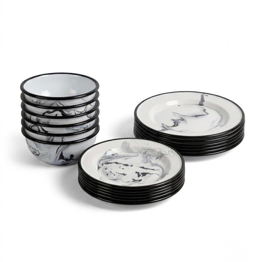 18 Piece Swirl Enamel Dinner Set for 6 | Dinner Plates, Side Plates & Bowls