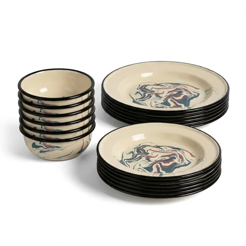 18 Piece Swirl Enamel Dinner Set for 6 | Dinner Plates, Side Plates & Bowls