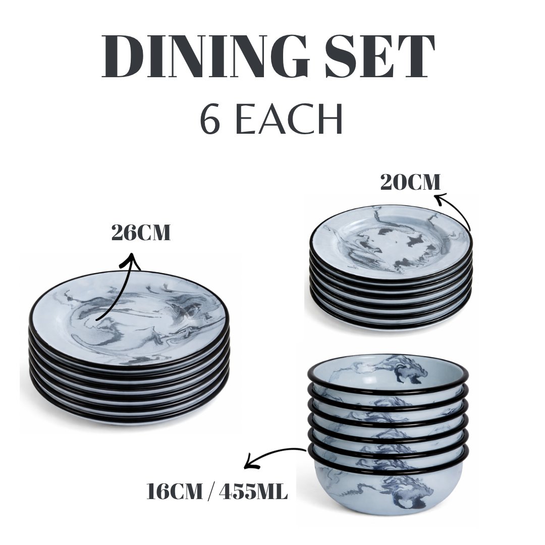 18 Piece Swirl Enamel Dinner Set for 6 | Dinner Plates, Side Plates & Bowls
