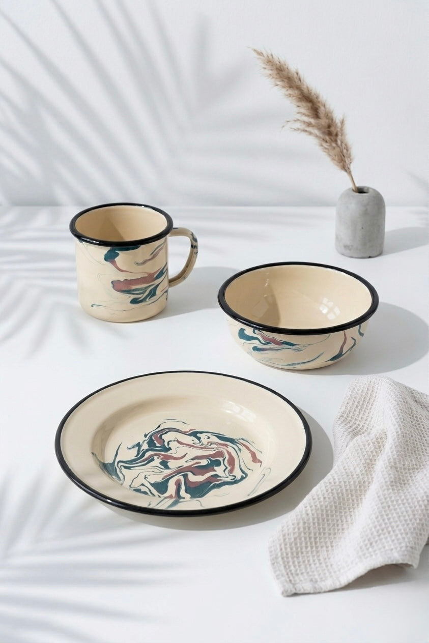 Marbled Enamel Breakfast Set | 1 Side Plate | 1 bowl | 1 coffee mug