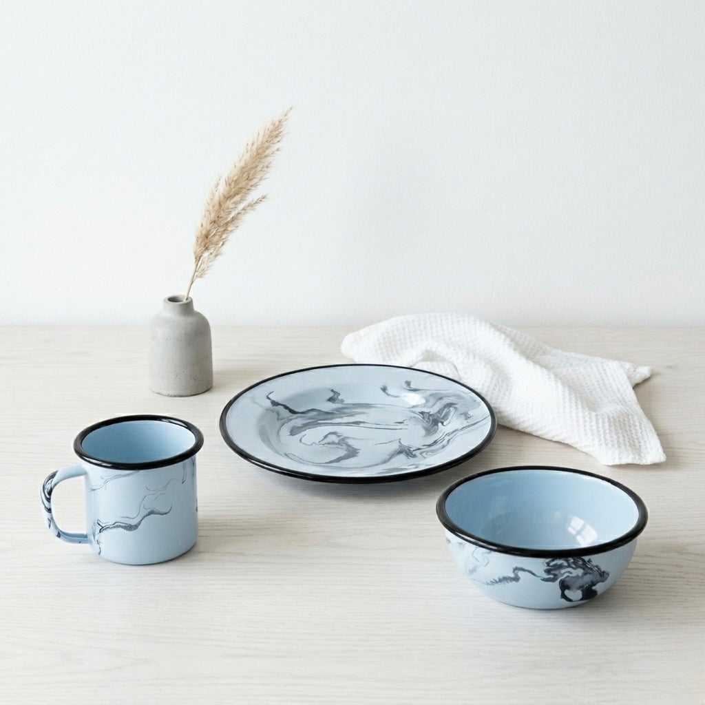 Marbled Enamel Breakfast Set | 1 Side Plate | 1 bowl | 1 coffee mug