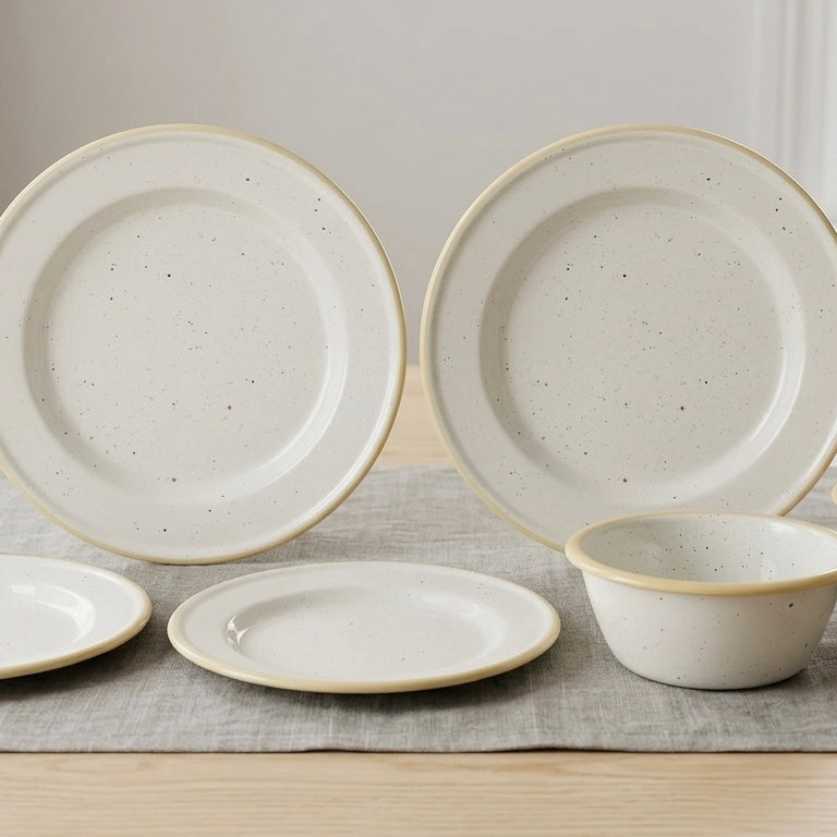 6 PIECE SPECKLED ENAMEL DINNER SET | DINNER PLATES, SIDE PLATES & BOWLS