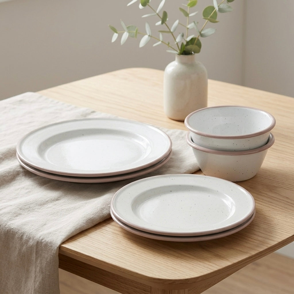 6 PIECE SPECKLED ENAMEL DINNER SET | DINNER PLATES, SIDE PLATES & BOWLS