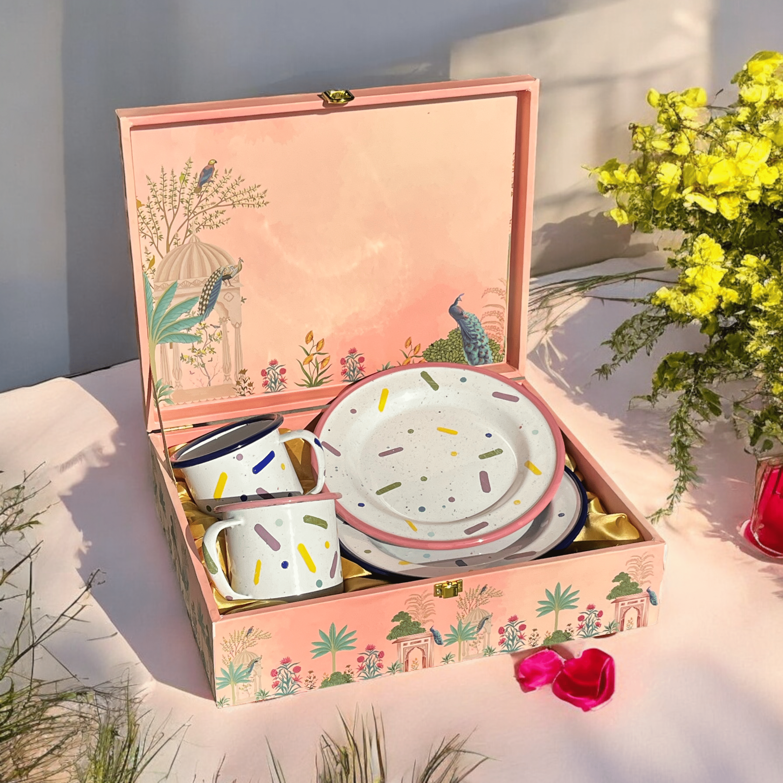 TERRAZZO ENAMEL MUGS AND PLATES SET IN A GIFT BOX