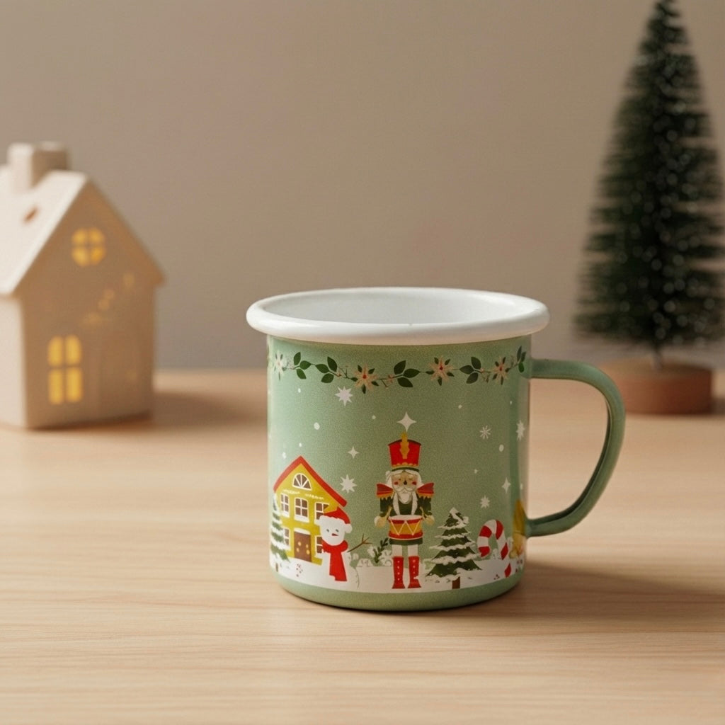 Decorative Christmas nutcracker enamel coffee and tea mug with Christmas illustrations on a wooden surface