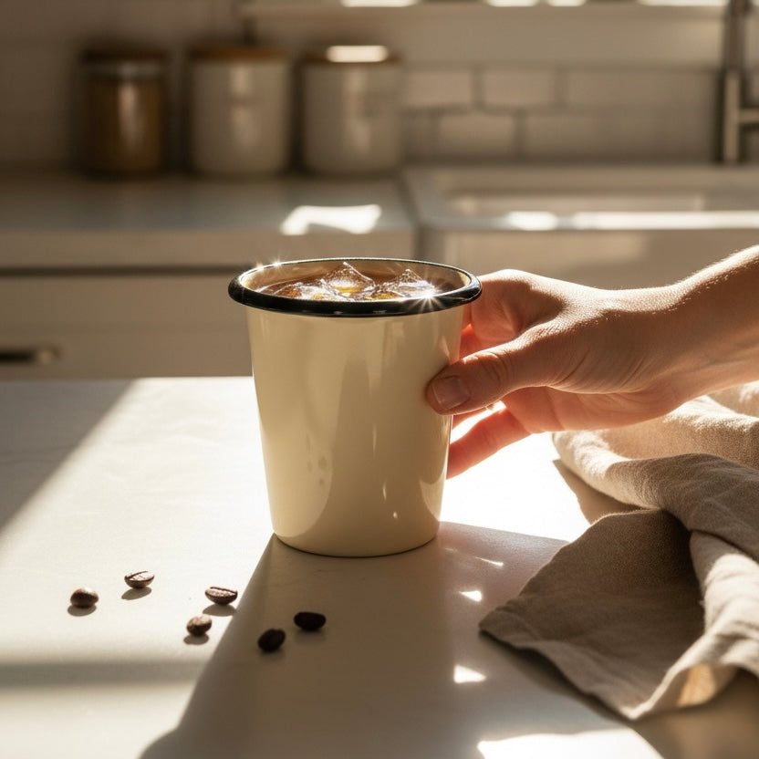 Cream enamel tumbler with cold coffee in it