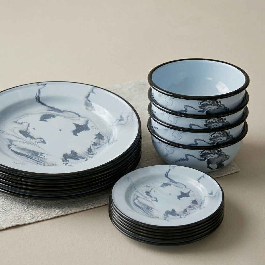 18 Piece Swirl Enamel Dinner Set for 6 | Dinner Plates, Side Plates & Bowls