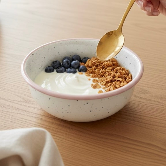 Breakfast in blush speckled cereal enamel bowl 