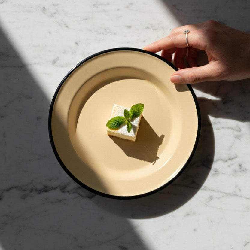Hand holding a beige enamel plate with a small square of food and mint leaves on a marble surface