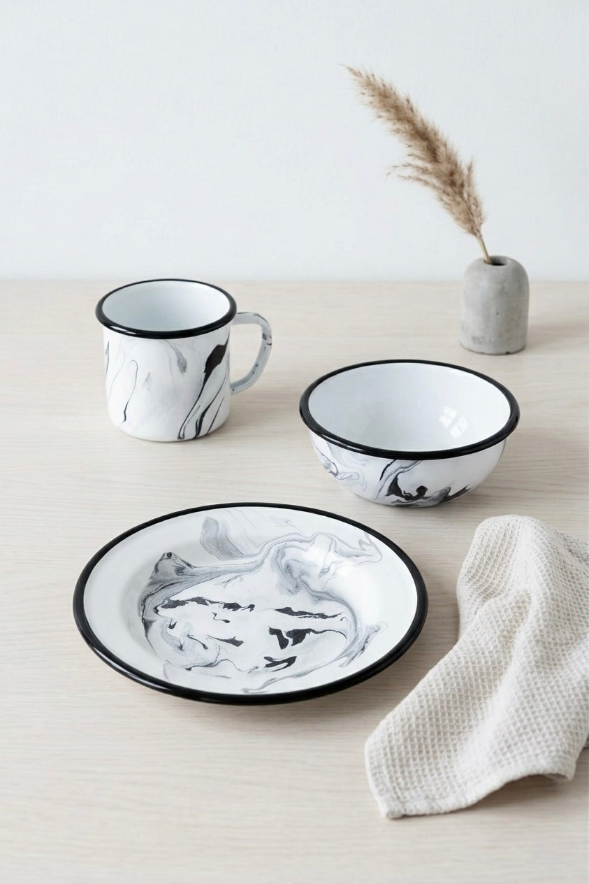 Marbled Enamel Breakfast Set | 1 Side Plate | 1 bowl | 1 coffee mug